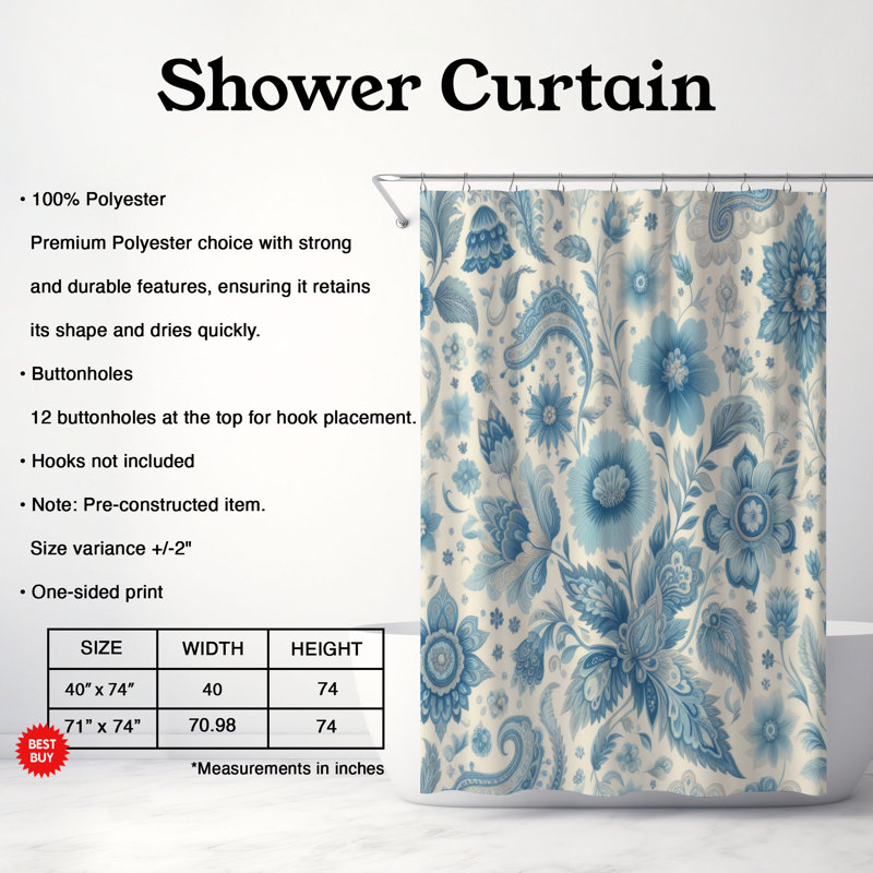 Rideau de douche standard 1 pièce Soft Blue Blooms, H 74 po x l 71 po