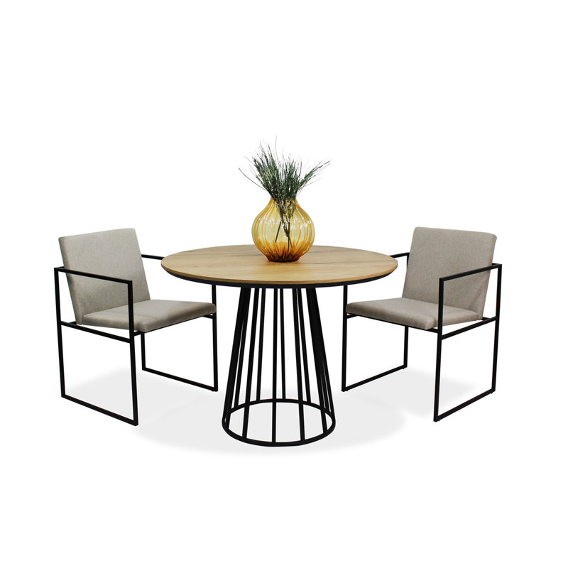 Sharece Round Metal Base Dining Table, Solid Oak, Black Matt