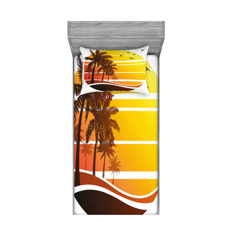 Ensemble de draps coucher de soleil à plage exotique avec palmier, Ensemble de draps pour lit simple avec drap-housse