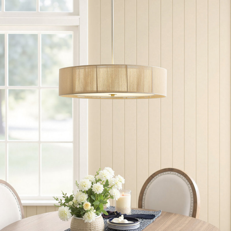 Kamila 3 - Light Natural Rope Drum Pendant Chandelier in Nickel, Beige