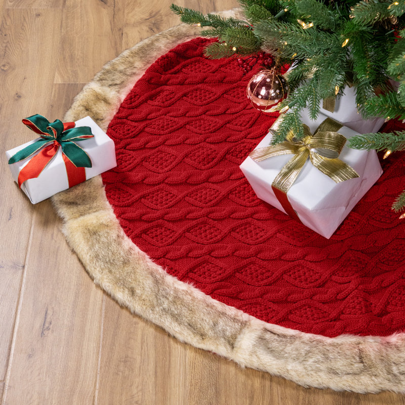 Red Cable Knit Christmas Tree Skirt with Faux Fur Trim - 48 Inch