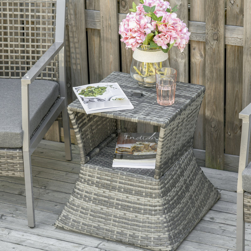 Table d'appoint d'extérieur avec trou pour parasol - Tablette à 2 niveaux pour le patio, le jardin, la rouille de la cour - métal, gris et rouille de rangement - mélangée