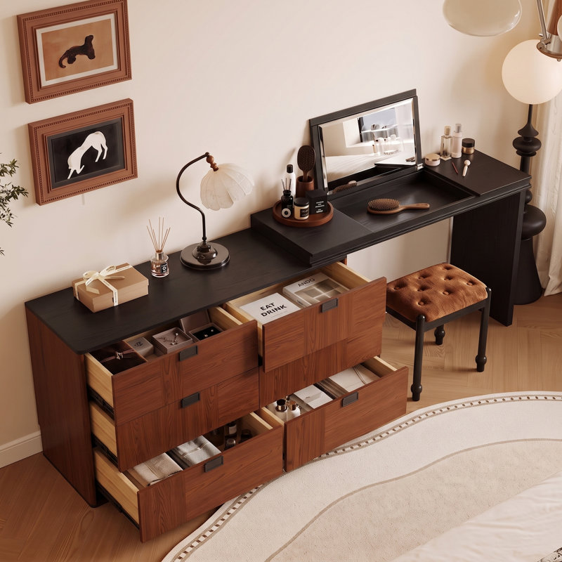 Coiffeuse extensible de style moderne du milieu du siècle avec miroir rabattable et meuble de rangement pour maquillage