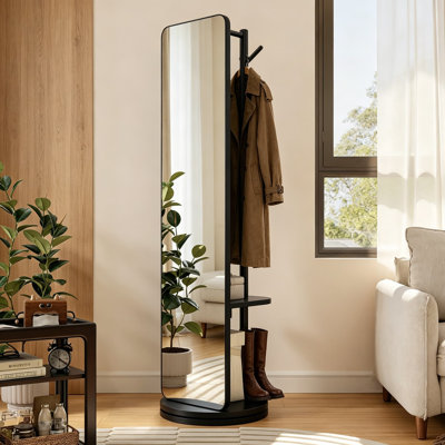 Full Length Mirror With Stand And Coat Rack, Solid Wood Floor Mirror With Swivel Design, 70 X 19 Inch Standing Mirror For Bedroom, Living Room, Cloakroom, Black