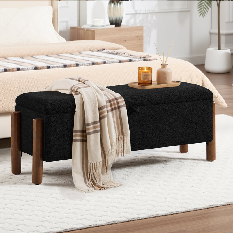 Bancs avec repose-pieds de rangement moderne de 47 po avec pieds en bois de noyer, Noir