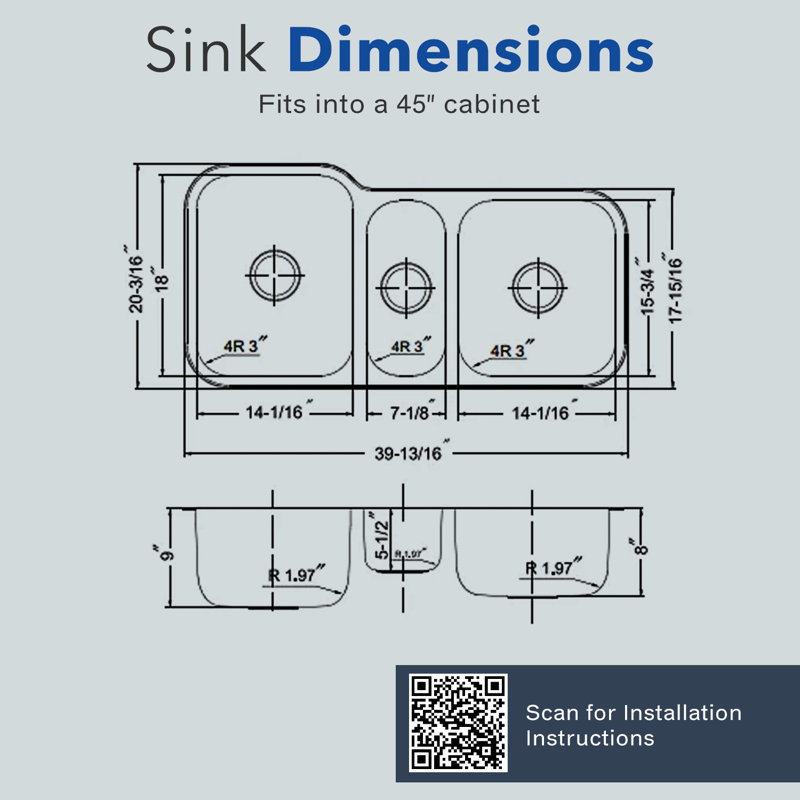 Houzer 40 in Stainless Undermount Triple Bowl Kitchen Sink with Strainers, Grids - MGT-4120-C