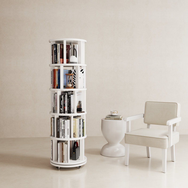 Oliver 360° Rotating Solid Wood Bookshelf, Equipped with Brake Wheels, Allowing for Flexible Adjustment, White
