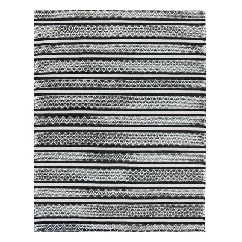 Tapis tissé à la main 8 pi x 10 pi à rayures géométriques en laine noir et blanc
