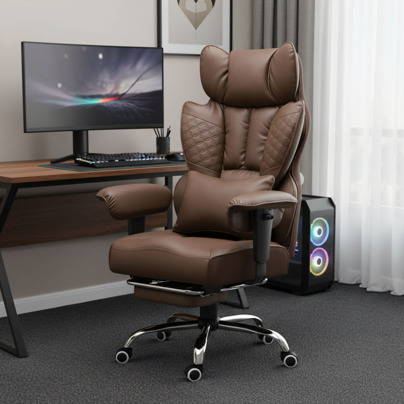 Brown, Large, Height-Adjustable Gaming Chair, 400 Lb Weight Capacity, Independent Spring Lumbar Support + Footrest, Ergonomic Back-Supporting Office Chair.