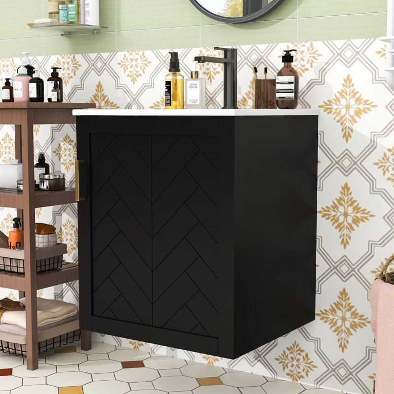 Meuble-lavabo mural avec lavabo en céramique, rangement caché, tablette ouverte et porte-papier hygiénique, Noir