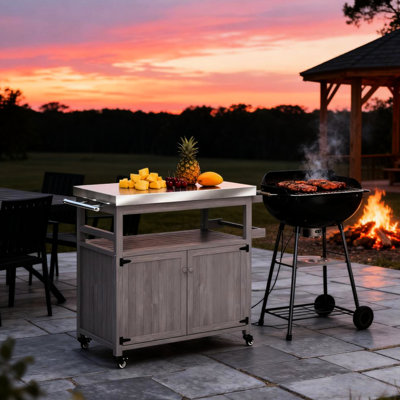 Support de barbecue extérieur avec espace de rangement spacieux, verrouillable et chauffant, pouvant être utilisé comme chariot de bar, structure en bois massif en acier inoxydable, tablette ouverte, deux armoires