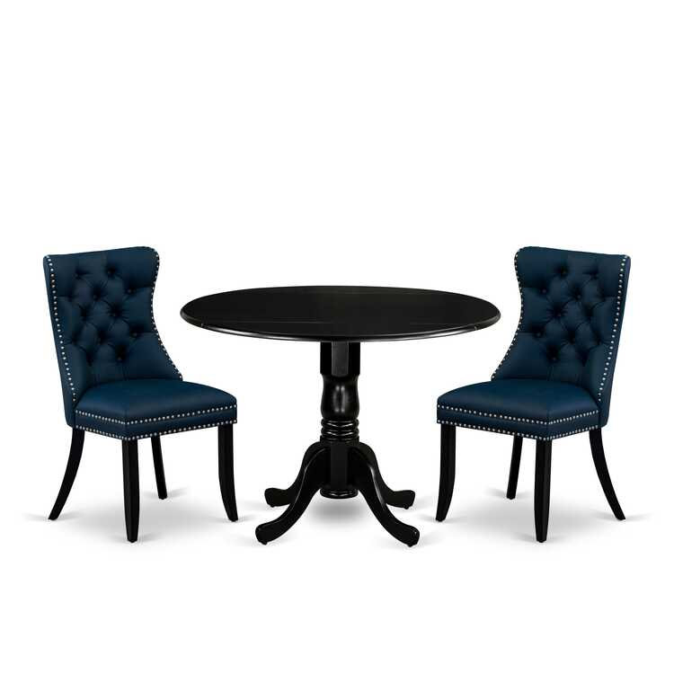 3-Piece Antique Walnut Finish Solid Wood Top-Round Upholstered Dining Room Set with Dropleaf-Seats 4, Navy, Black