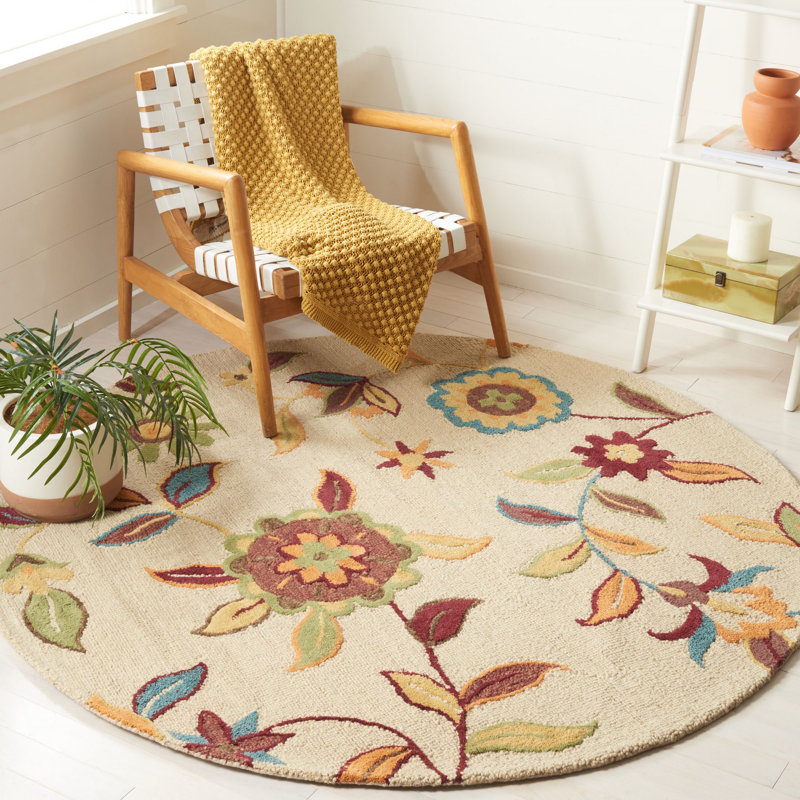 Emrick Blossom Hand Hooked Wool Floral Rug, Round 6'