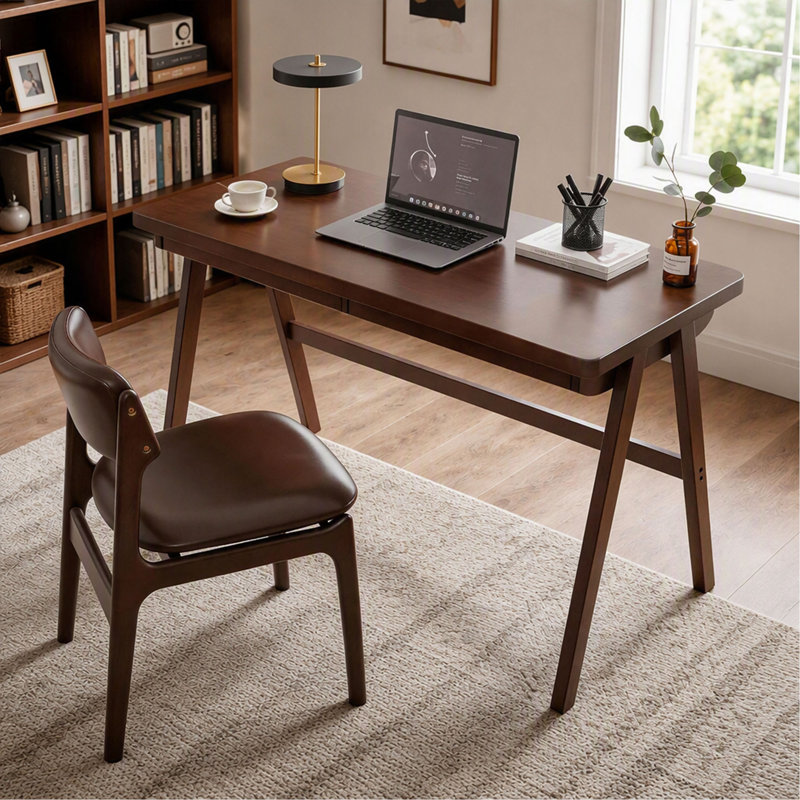 47" Solid Rubber Wood Computer Desk, Extra Thick 1.38" Top, Retro Walnut, A-Frame Leg