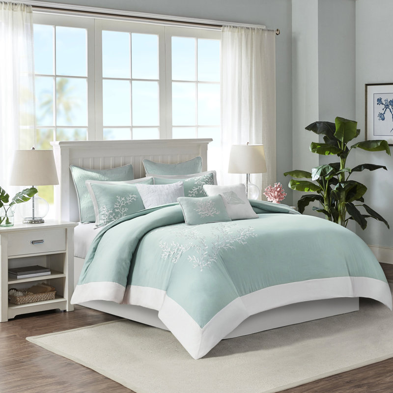 Housse de couette 100% coton pour lit double / grand lit - Ravissante broderie corail et bordure à bord double / grand, avec pièces élégantes