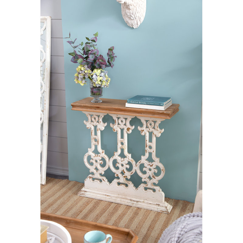 Console 32 po x 12 po x 32 po Classic Vintage White Wash avec plateau en bois brun
