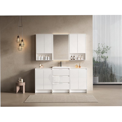 Ensemble de meuble-lavabo autoportant 72 po avec lavabo en résine, 2 armoires de rangement et 2 armoires murales, portes et tiroirs à fermeture en douceur, blanc brillant, contreplaqué