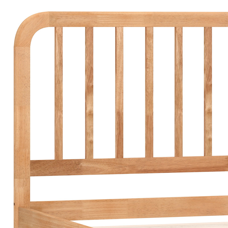 Base de lit plateforme en bois Aurey avec tête de lit à lattes et sommier à lattes de bois, Double, Brun clair