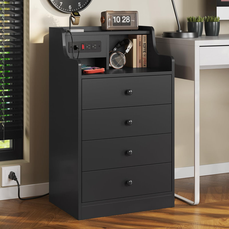 Table de chevet avec station de charge, table de chevet pour chambre à coucher, table de bout avec huche et 4 tiroirs, Noir