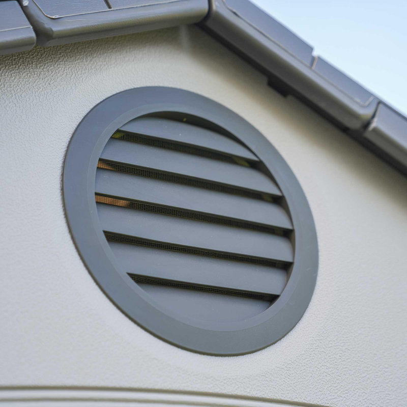 Large Beige and Brown Polyethylene Storage Shed with Windows and Shelving
