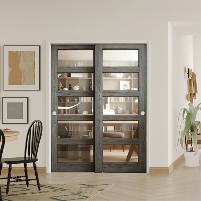 2 MDF Interior Slab Doors With Aluminium Hardware Bypass Sliding Door Black 5-Lite Clear Glass Modern French Design