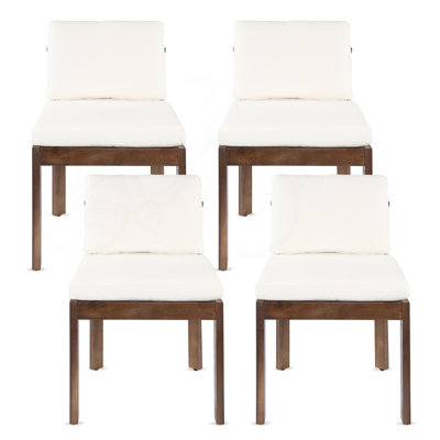 Chaises de salle à manger d'extérieur en bois d'acacia avec dossier sculpté et coussins crème, brun, ensemble de 4