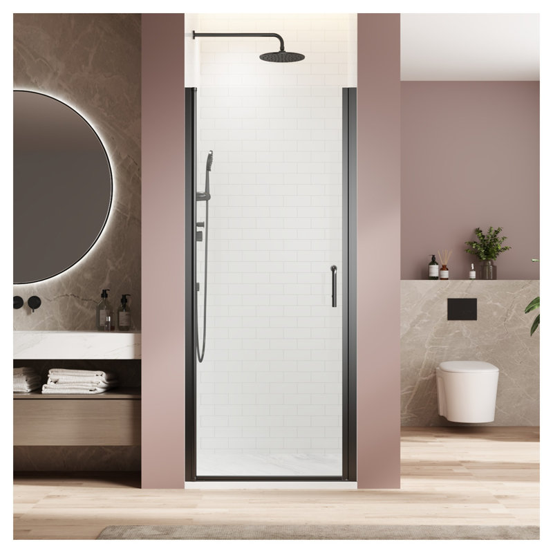 Porte de douche pivotante sans cadre noir mat, 27,5 à 29 po, largeur réglable de 72 po de hauteur, porte battante à panneau simple en verre trempé transparent de 1/4 po avec joint étanche