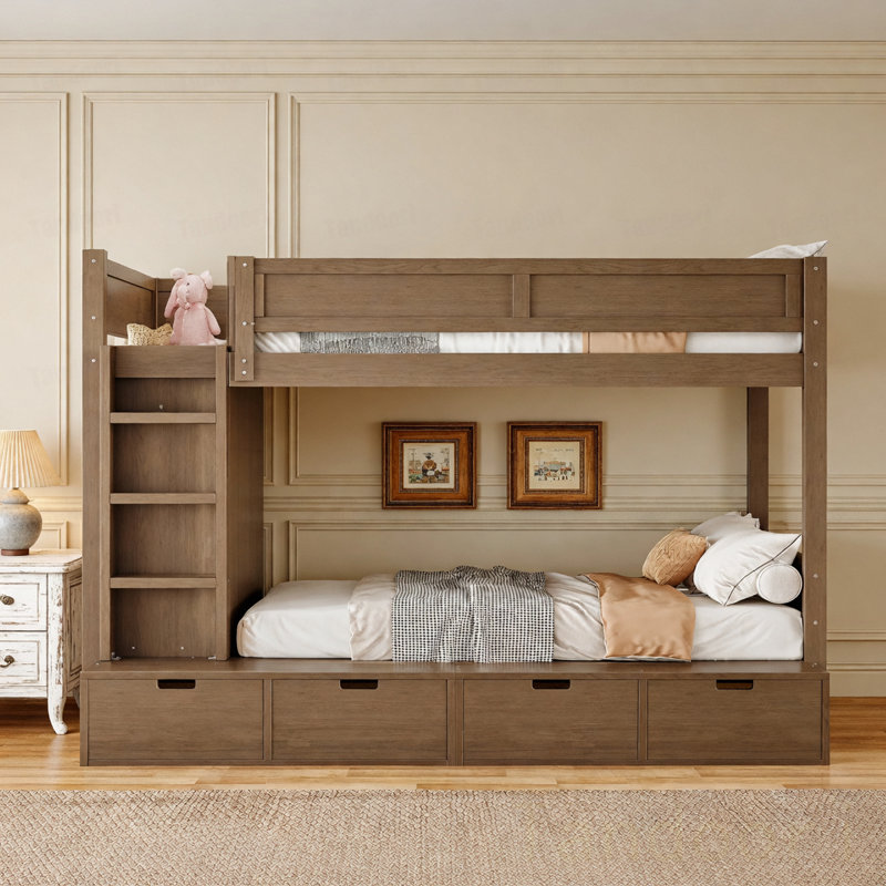 Lit superposé simple au-dessus de simple avec 4 tiroirs de rangement, lit superposé en bois massif avec garde-robe intégré et garde-corps pleine longueur, aucun sommier nécessaire