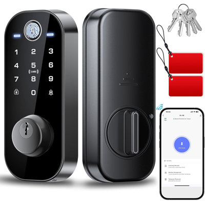 Pêne dormant intelligent à empreinte digitale DL08 avec contrôle de l'application, noir mat, pêne dormant intelligent 5 en 1 avec télécommande, verrouillage automatique, clavier à écran tactile, 5 clés et 2 porte-clés, port USB-C, sécurité ANSI de classe 3