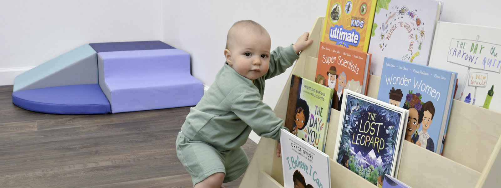 Premium birch-ply bookshelf from Angeles on Wayfair, showcased with a baby next to it.