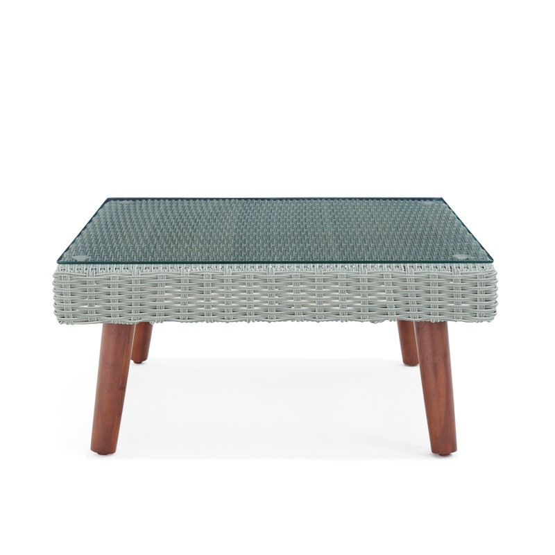 Albany Modern Light Gray All-Weather Wicker Outdoor 29 in. Square Coffee Table with Wooden Legs & Glass Top Patio Furniture Weather-Resistant & Weatherproof Outdoor Mixed Materials