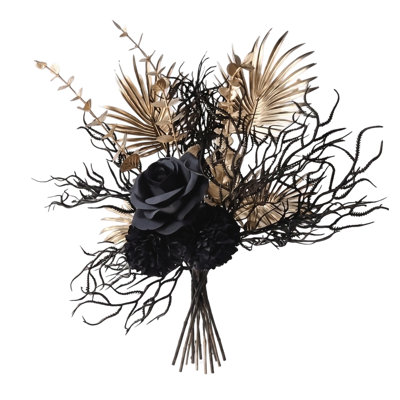 Bouquet de fleurs artificielles noir et or, 43 cm de roses noires artificielles, hortensias avec feuilles de palmier dorées et brindilles noires, composition florale gothique pour vase, décoration de table et de fête à faire soi-même