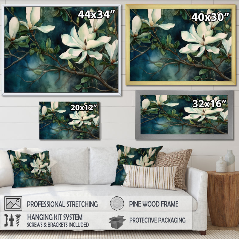 Magnolias vert et blanc - art mural floral pour le salon, H 34 po x l 44 po x P 1,5 po, Cadre flottant doré