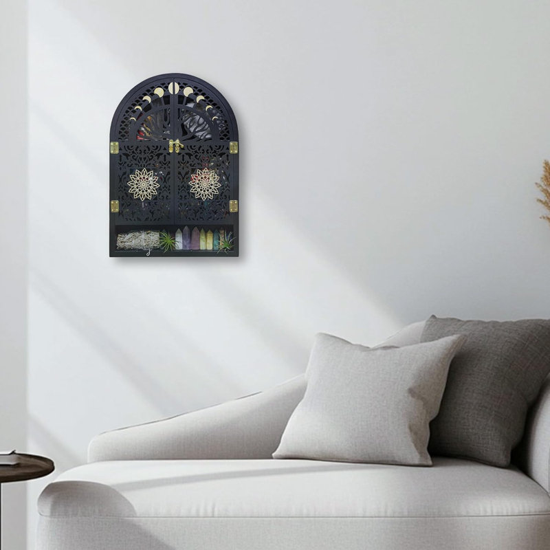 Crescent Moon Phase Wall Shelf With Tree Of Life Carving - Wooden Crystal Display Shelf For Gemstones, Spiritual Decor, And Home Organization
