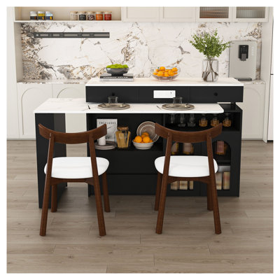 Extendable Rotating Kitchen Island Set with 2 Queen Anne Chairs, White Beach Style Dining Table