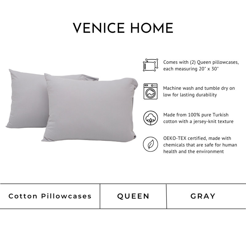 100% Cotton Jersey Knit Pillowcases, Gray, Queen Pillowcase