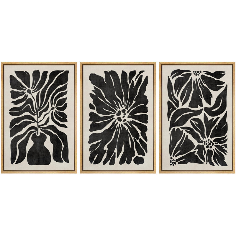 "Silhouette botanique monochrome noir et blanc à motif floral moderne, salon chic" - 3 pièces, Naturel, H 24 po x l 16 po