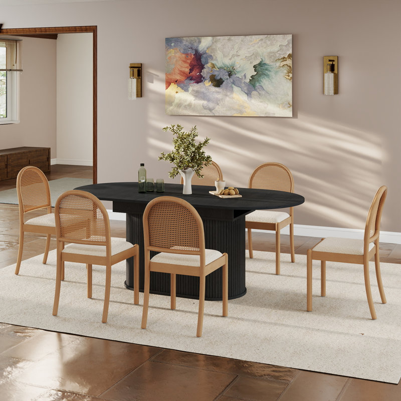 Ensemble de table de salle à manger extensible Mid-Century, Black, 7 Pieces: Table, 6 Chairs, Beige/Wood