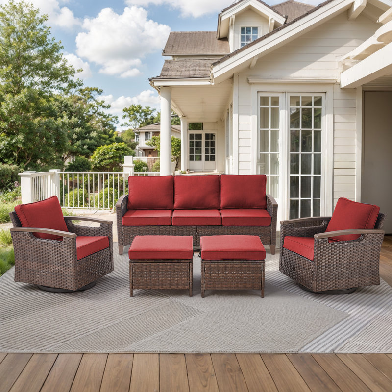 Arundel 5 Person Outdoor Patio Rattan Conversation Set With Swivel Chairs, Cushions Included, Red