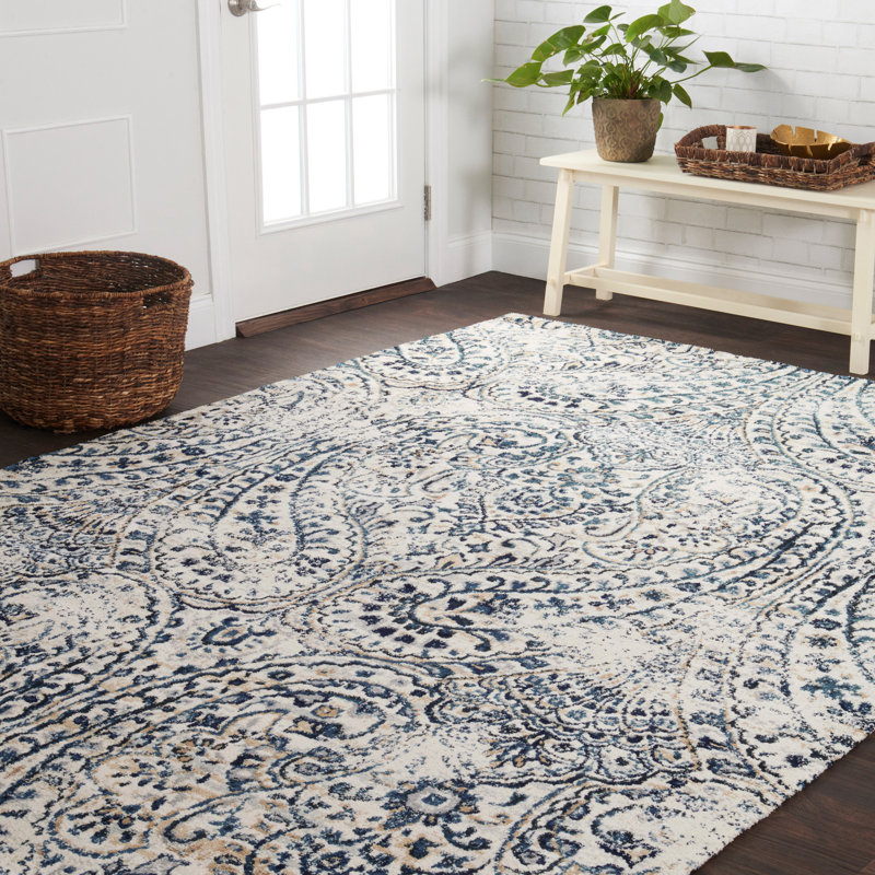 Tapis bleu / blanc Wainscott, Rectangle 3 pi 9 po x 5 pi 9 po