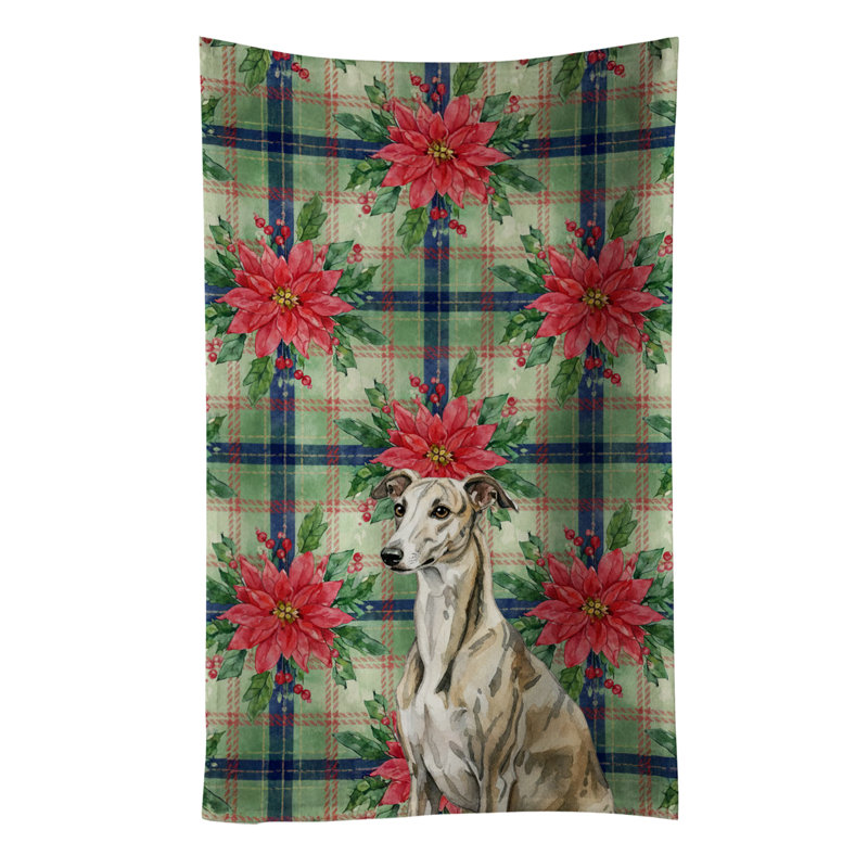 Brindle Whippet Christmas PoinsettIas Kitchen Towel, Brindle Whippet