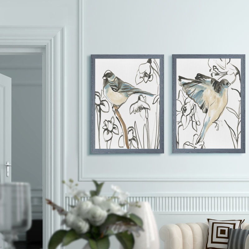 Songbird Meadow - ensemble de 2 peintures encadrées, H 24 po x l 18 po, Toile encadrée, Gris