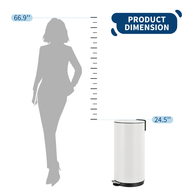 Commercial-Grade Soft-Close Trash Can – 8 Gallon Round Stainless Steel Bin with Foot Pedal, Removable Inner Bucket, Space-Saving Design for Kitchen, Office, Bathroom – White