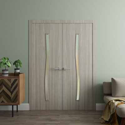 Interior Solid French Double Doors 36 x 80 inches Essential 8002 Oak Wood Interior Solid Panel Frame Closet Bedroom Modern Doors
