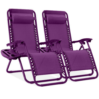  Set Of 2 Zero Gravity Lounge Chair Recliners For Patio, Pool W/ Cup Holder Tray - Amethyst