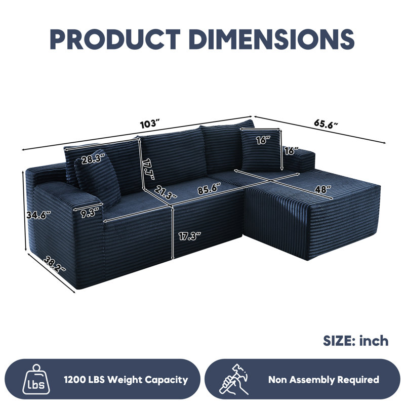 Boneless Modular Sectional Sofa, Cloud Couch, Right Hand Facing, Blue