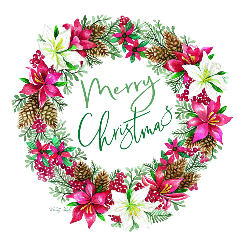 «Merry Christmas Wreath» par Cindy Jacobs - peinture sur toile tendue, H 12 po x l 12 po
