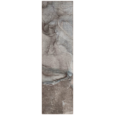2' X 8' Taupe Abstract Washable Indoor Outdoor Runner Rug