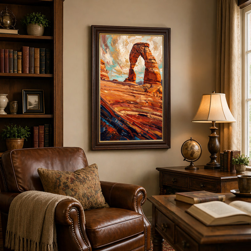 Art mural sur toile Red Rock Arch in Orange and Blue Brushstroke, 30"H x 20"W
