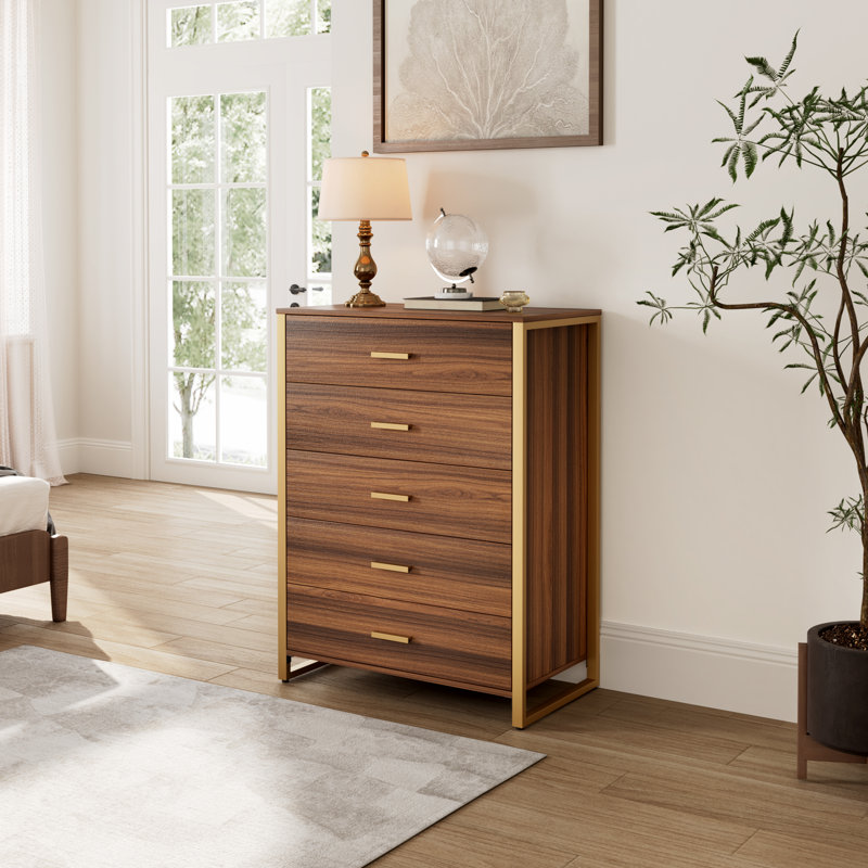 Buffet contemporain 5 tiroirs Chapeno, Brun / or